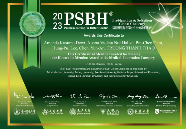 Honorable Mention Award, Problem Solving for Better Health (PSBH) Case Competition, Taiwan